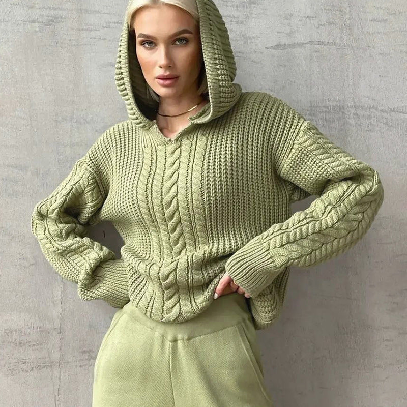 Green hooded cable-knit sweater from Casual Hooded Knitted Sweater collection, stylish ملابس for fall fashion
