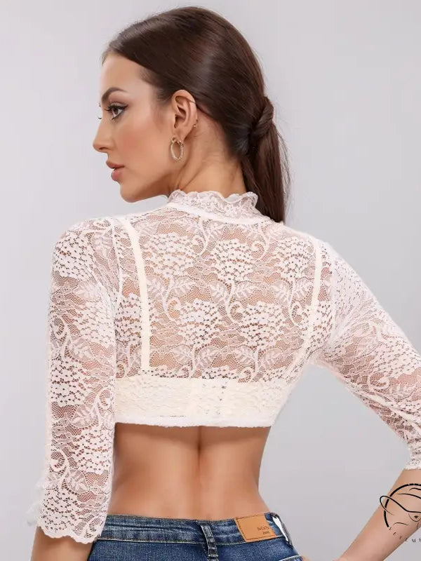 Cream lace cropped top with bell sleeves and high neckline for Beer Festival