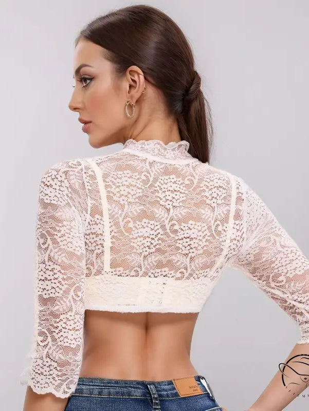 Cream lace cropped top with bell sleeves and high neckline for Beer Festival