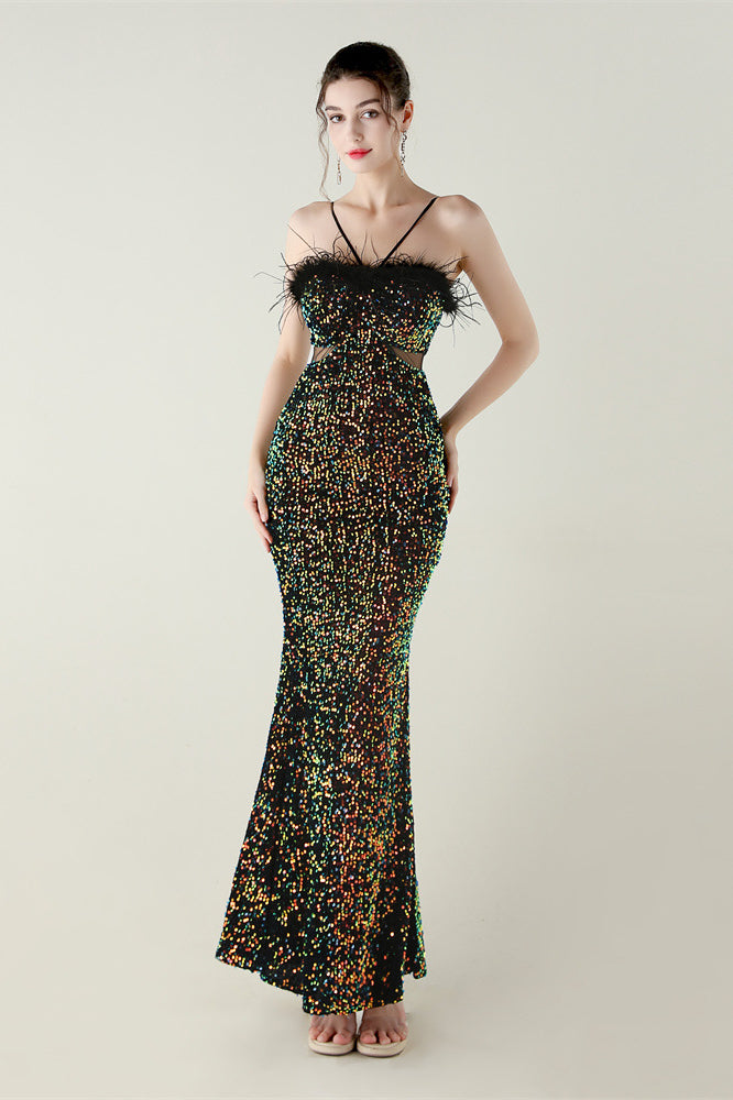 Langry fashion green sequined mermaid gown with ostrich feather trim