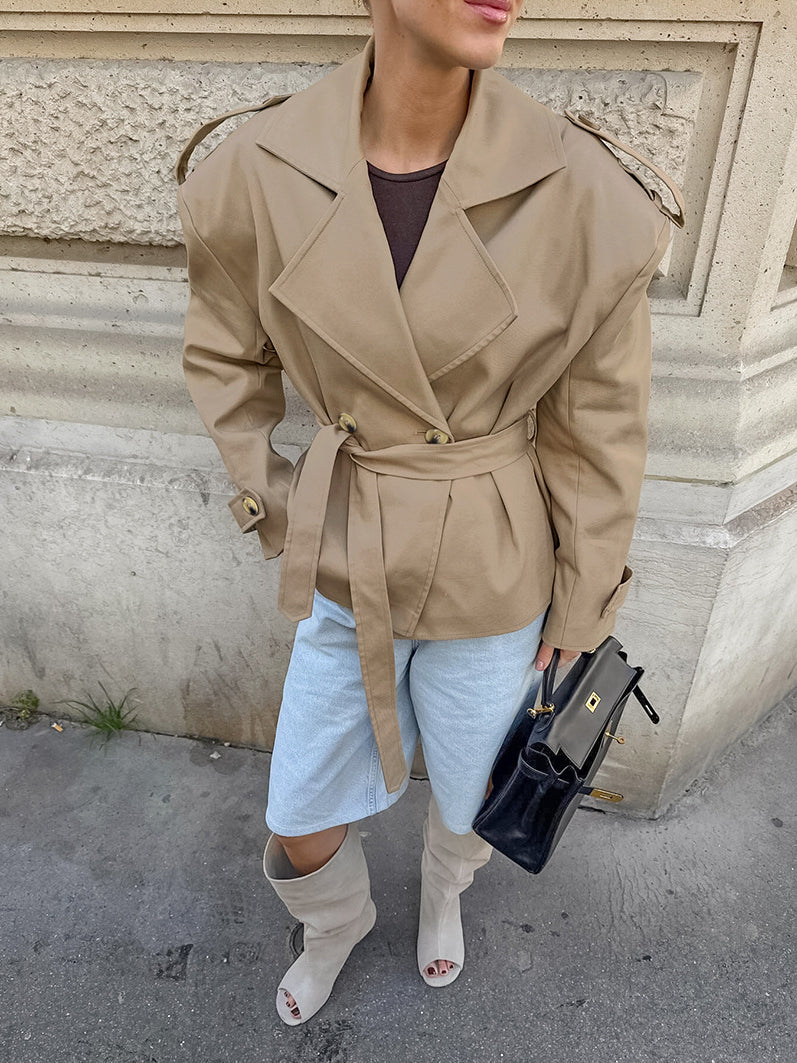 Trendy casual mid-length khaki trench coat in beige with double-breasted design, belt, langry fashion ملابس