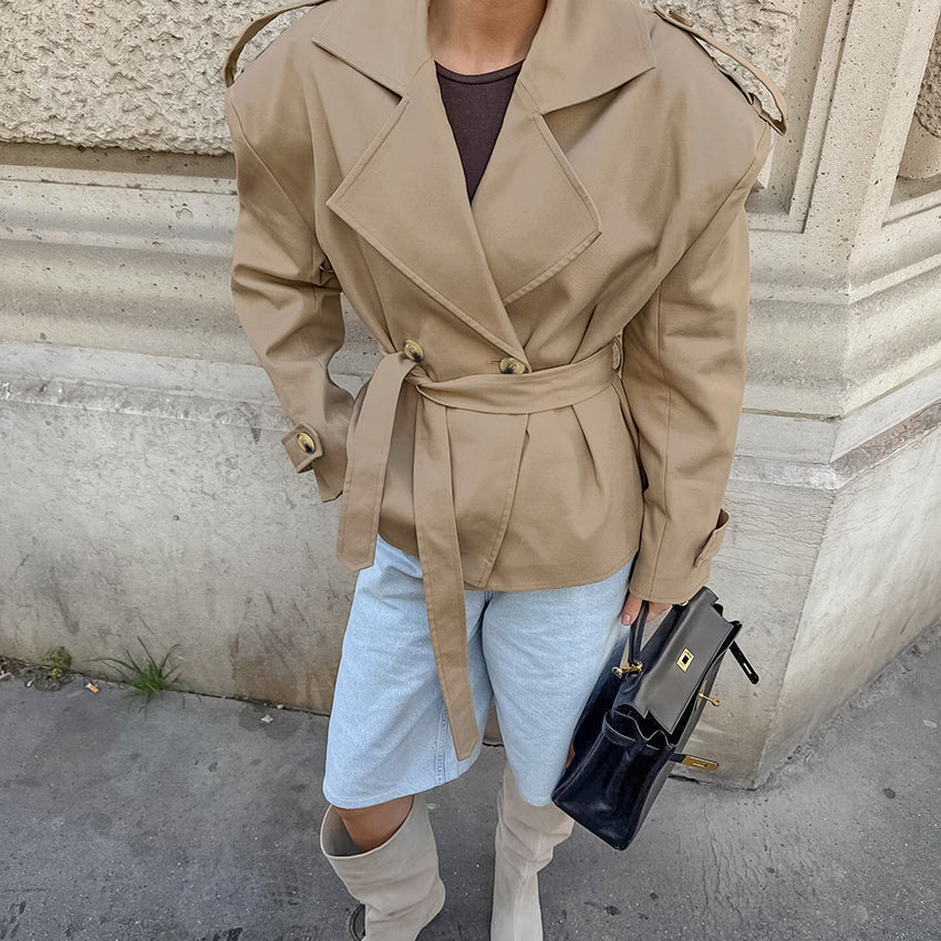 Trendy casual mid-length khaki trench coat in beige with double-breasted design, belt, langry fashion ملابس
