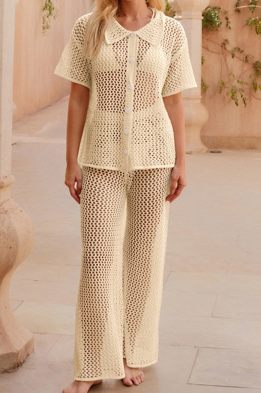 Cream-colored crochet pajama set featuring short sleeve length for relaxed fashion wear