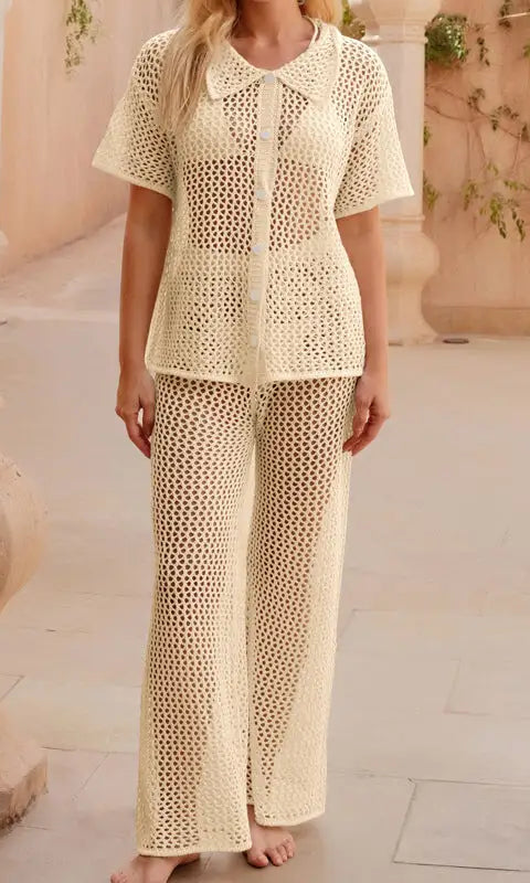Cream-colored crochet beach loose shirt and casual trousers set