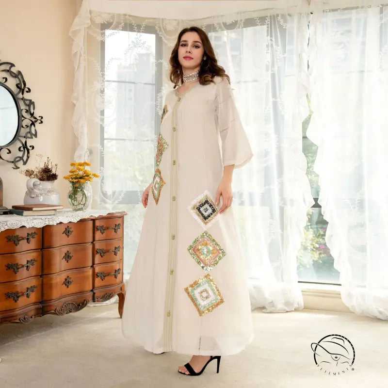 White embroidered floral loose dress in langry fashion style