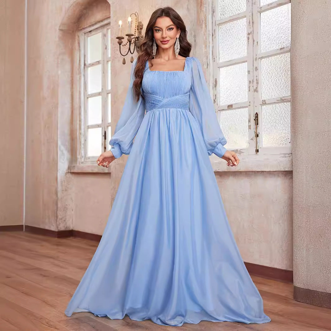 Spring summer women chiffon dress with lantern sleeves and square neckline