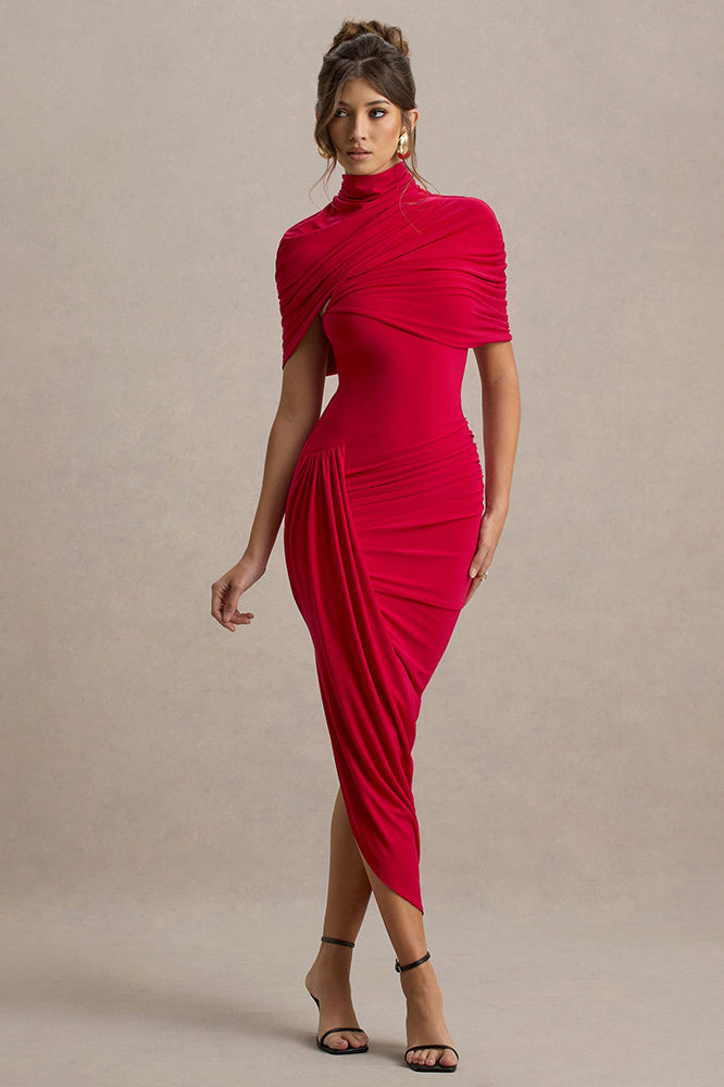 Elegant slim pleated red turtleneck dress with short sleeves