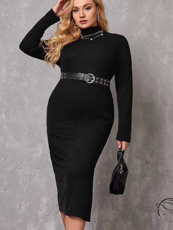 Elegant winter mid length black turtleneck midi dress with belt