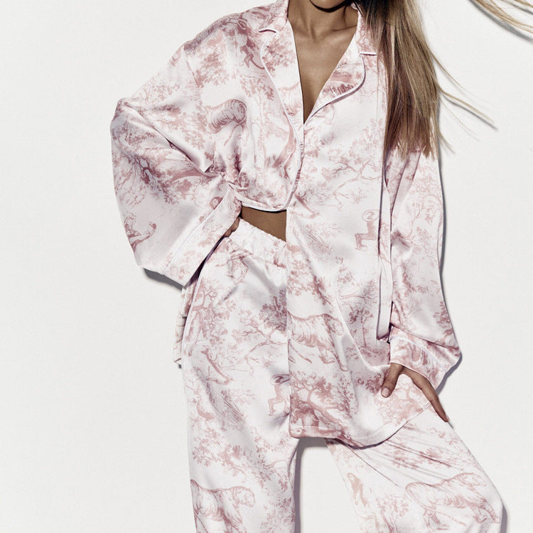 Pink floral satin langry pajama set with toile print