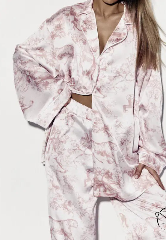 Pink floral satin langry fashion pajama set with toile print