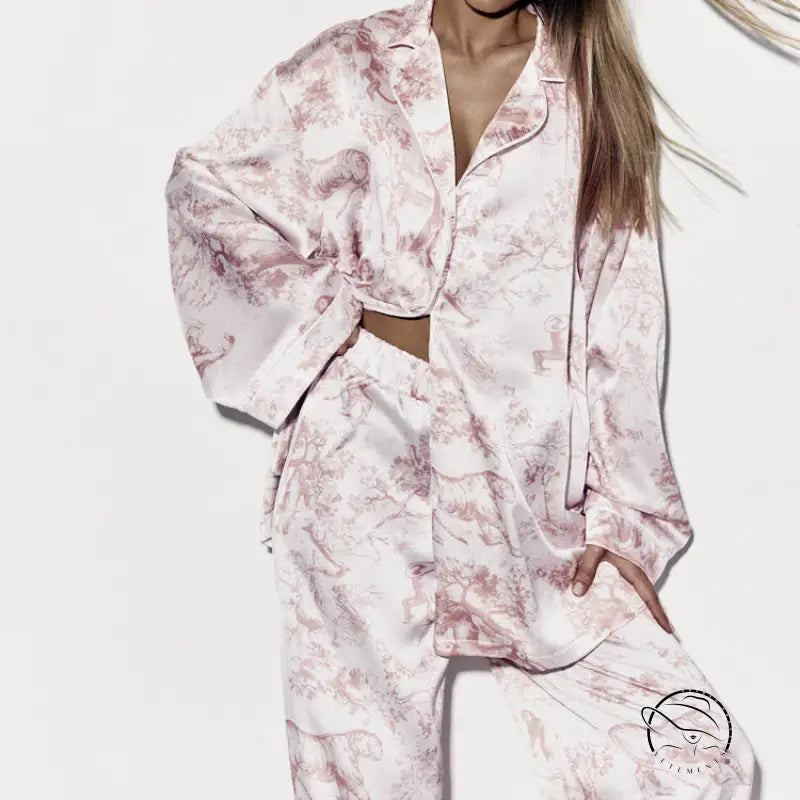 Pink floral satin langry fashion pajama set with toile print
