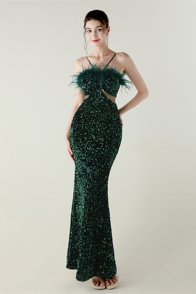 Green Sequined Mermaid Langry Fashion Evening Dress with Ostrich Feathers