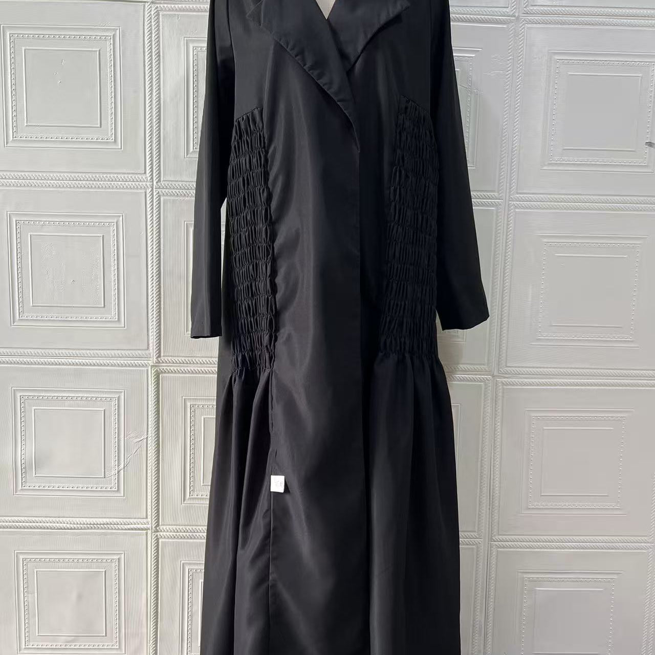 Black long trench coat with lace sleeve and front detailing