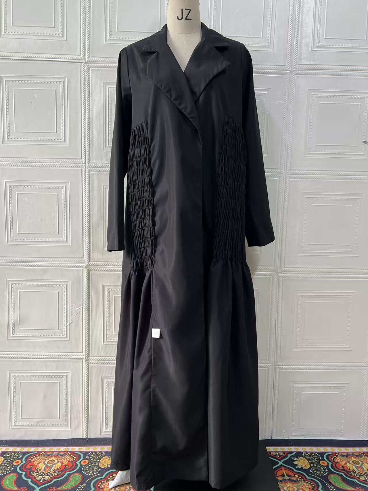 Black long trench coat with lace sleeve and front detailing