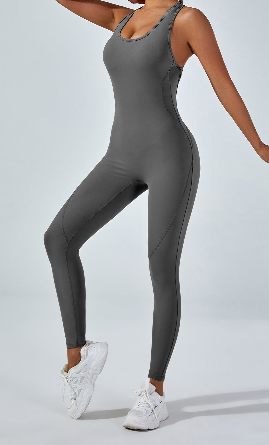 Sleek gray langry fashion yoga one-piece jumpsuit with racerback design