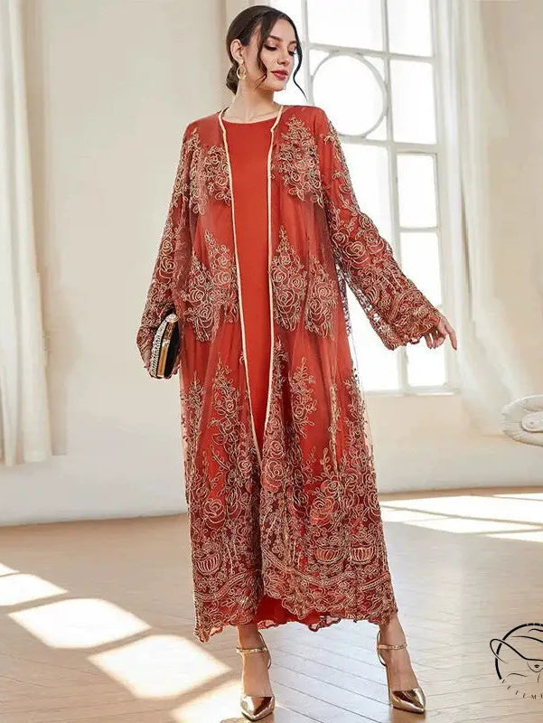 Elegant rust-colored abaya with gold embroidery, langry fashion mesh overlay