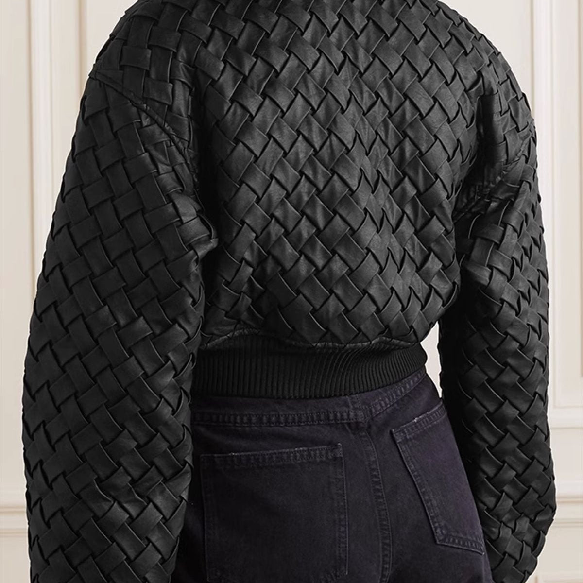 Niche Black Woven Bomber Jacket with romantic black woven design for stylish outfits