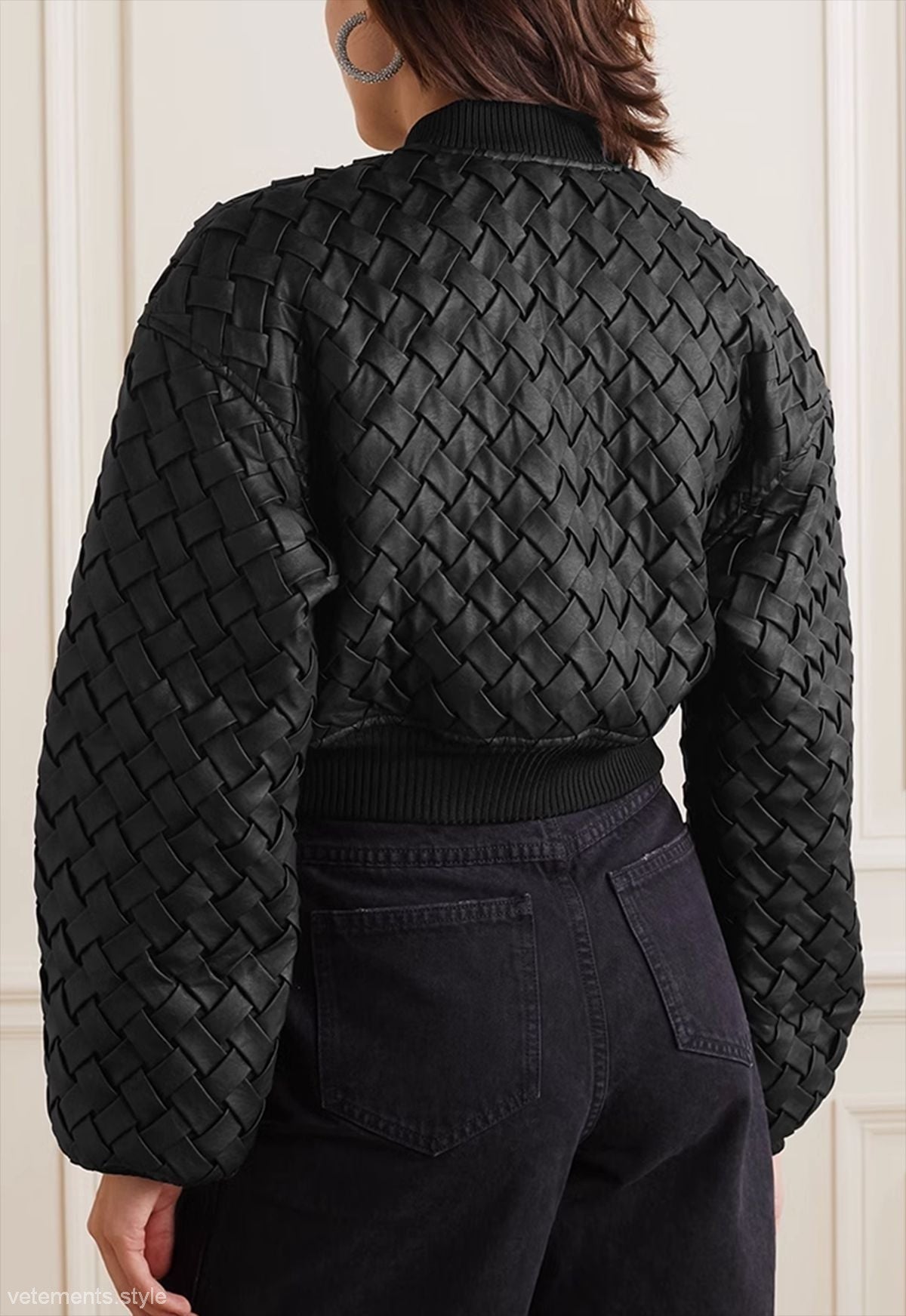 Niche Black Woven Bomber Jacket with romantic black woven design for stylish outfits