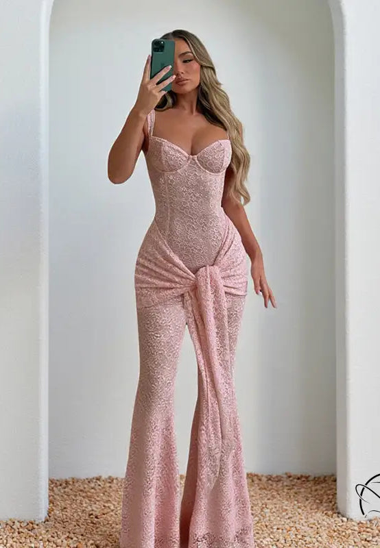 Blush pink lace mermaid gown in Langry fashion with high slit and sweetheart neckline