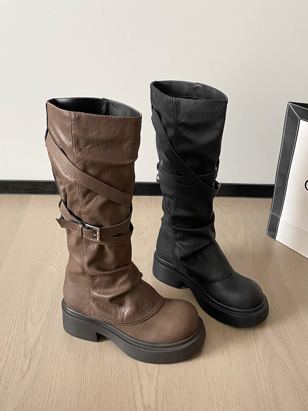 Waste Soil Brown Wrinkle High Tube Pile Long Boots