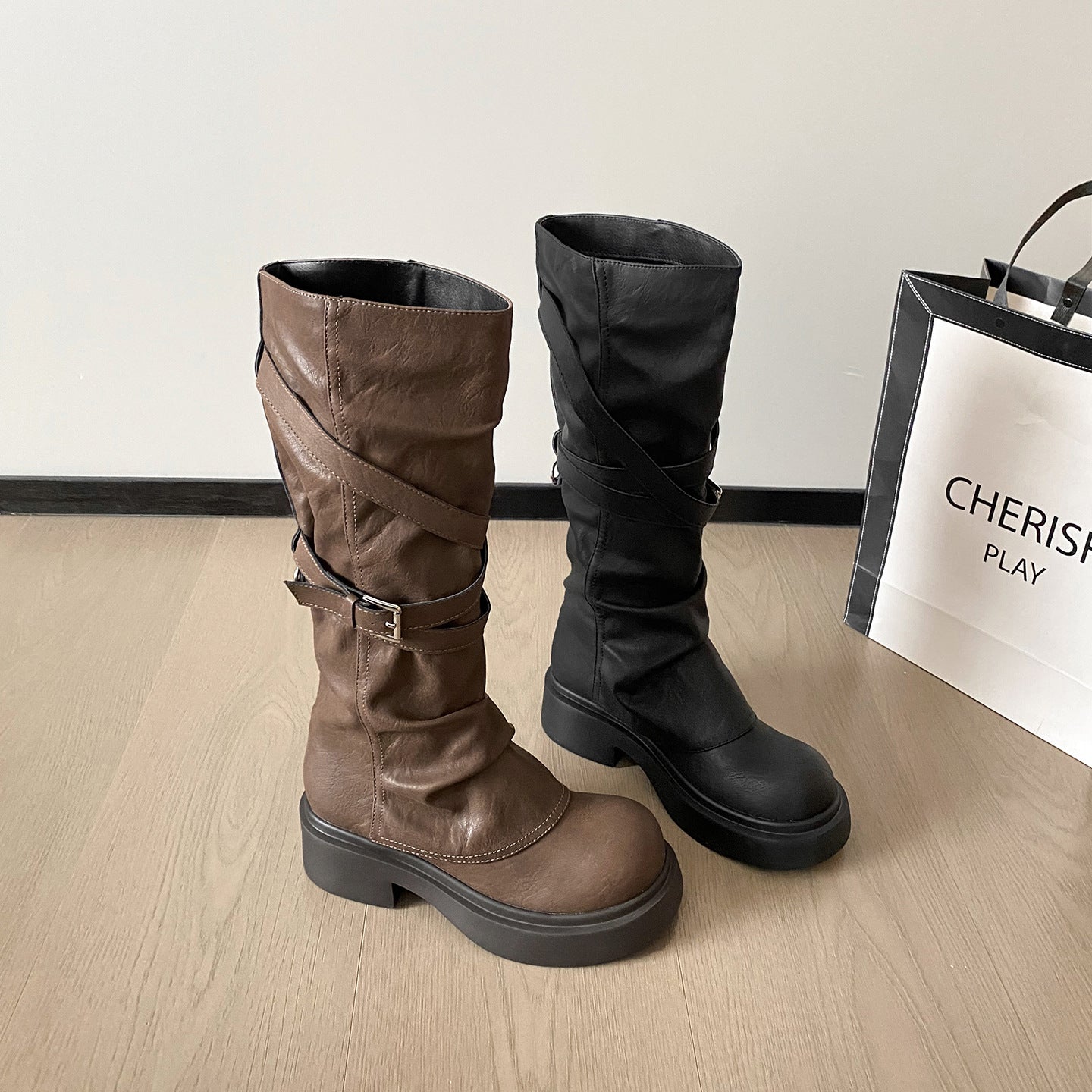 Waste Soil Brown Wrinkle High Tube Pile Long Boots