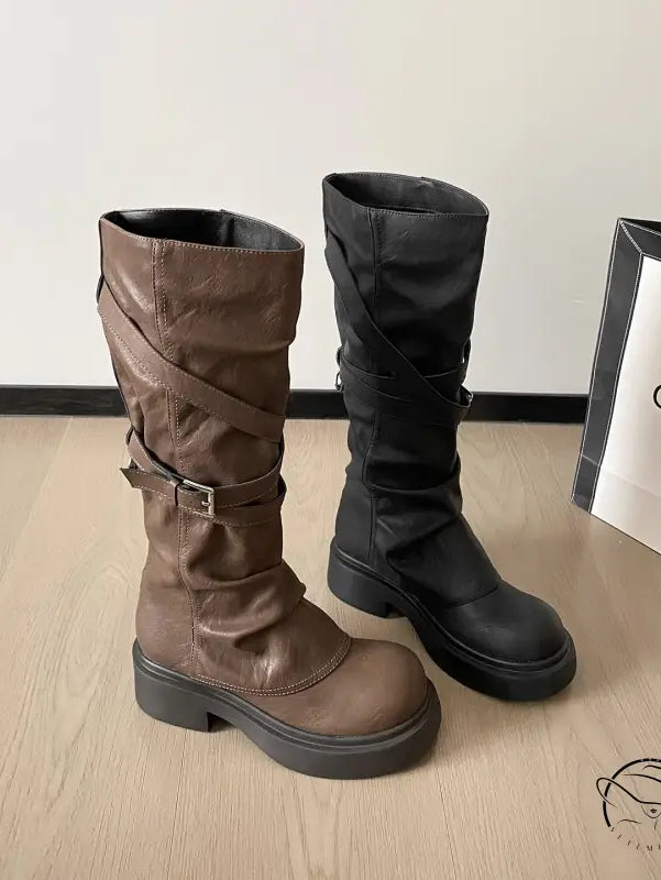 Waste Soil Brown Wrinkle High Tube Pile Long Boots