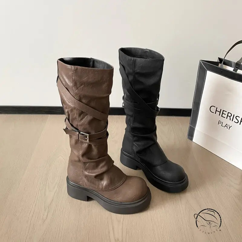 Waste Soil Brown Wrinkle High Tube Pile Long Boots