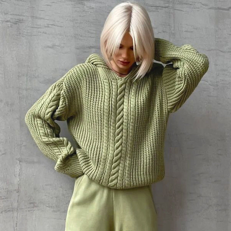Green knitted hooded sweater from Casual Hooded Knitted Sweater collection showcasing stylish fashion and ملابس