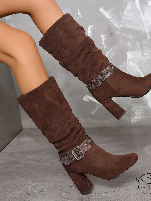 Langry fashion brown suede knee-high boots with buckles and heels