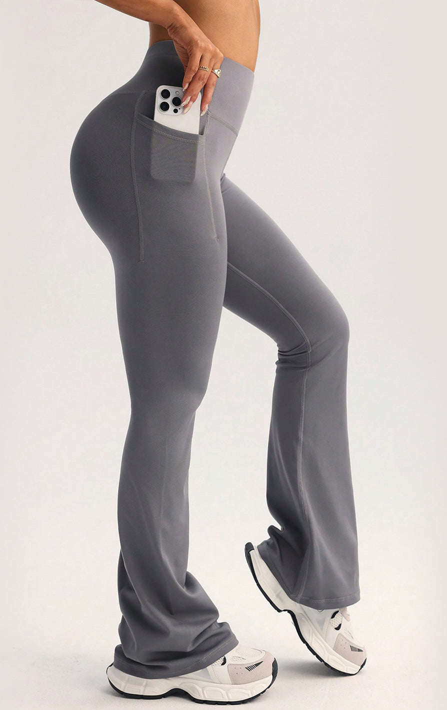 Gray high-waisted flared langry fashion leggings with phone pocket
