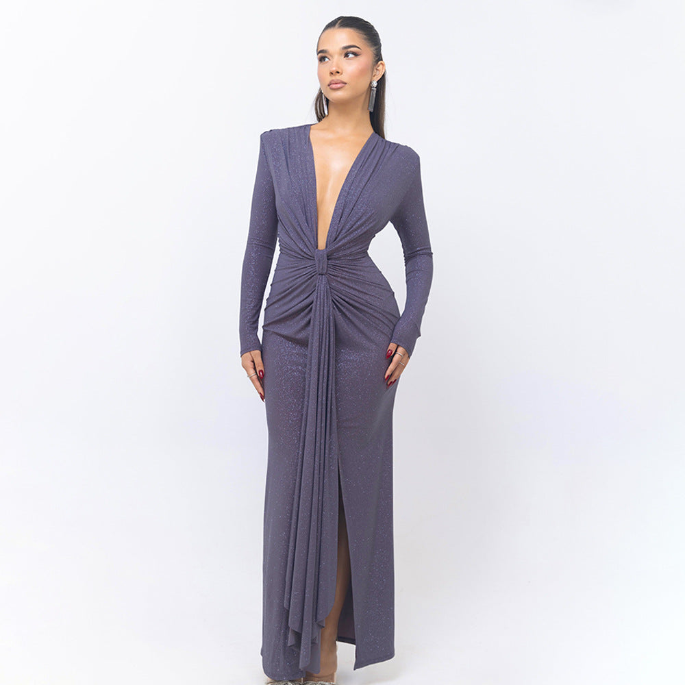 Long-sleeved deep-V draped gray dress for elegant fashion and stylish ملابس choices