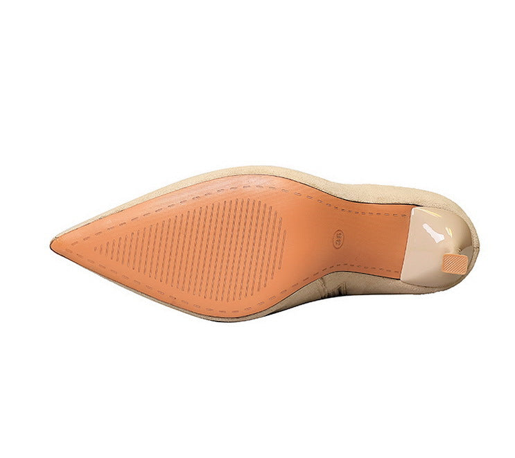 Langry nude patent leather pointed-toe pump with textured sole and belt buckle side zipper high heel in fashion ملابس