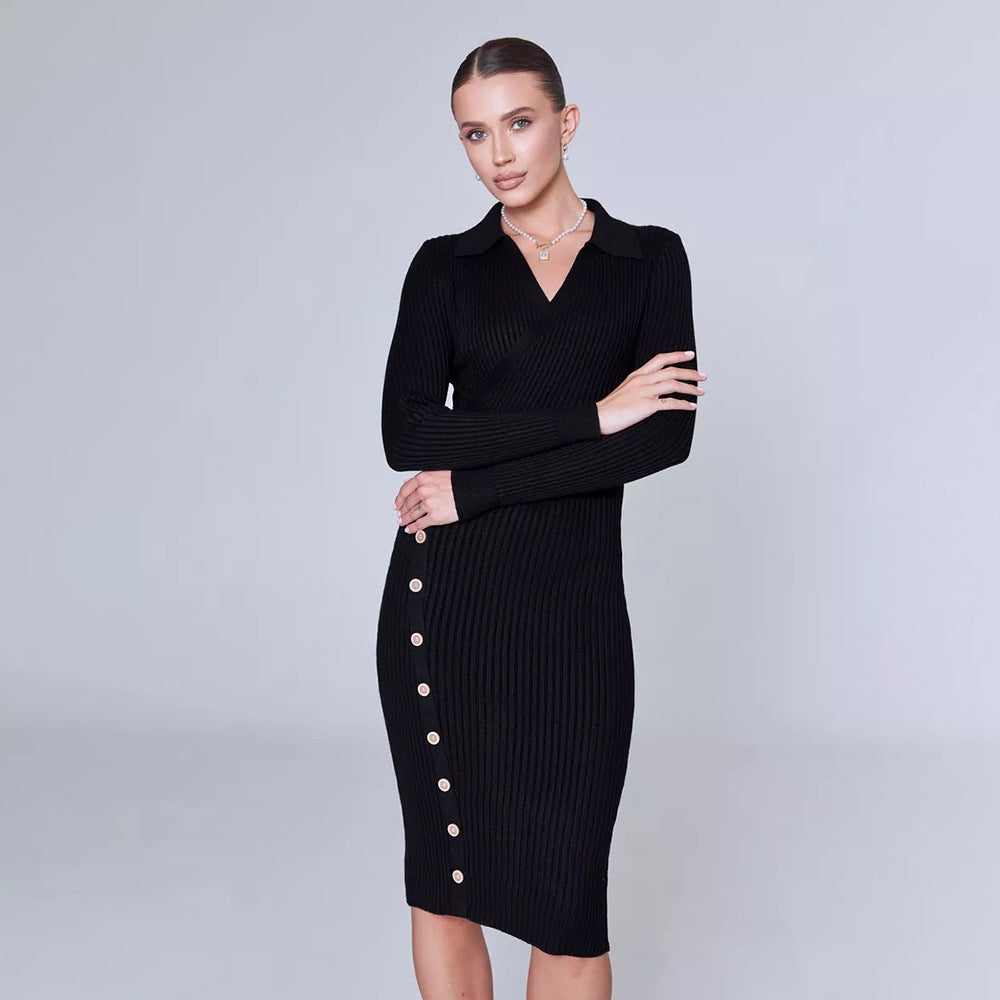 Black ribbed knitted dress with elegant polo collar for autumn winter fashion