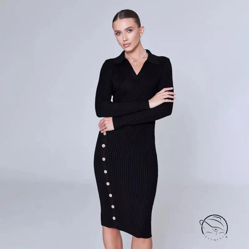 Black ribbed knitted dress with elegant polo collar
