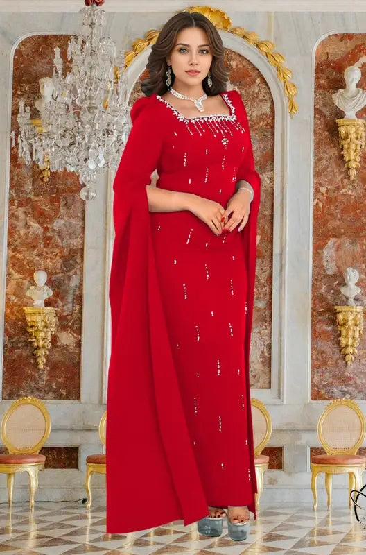 Elegant red langry fashion dress with cape sleeves