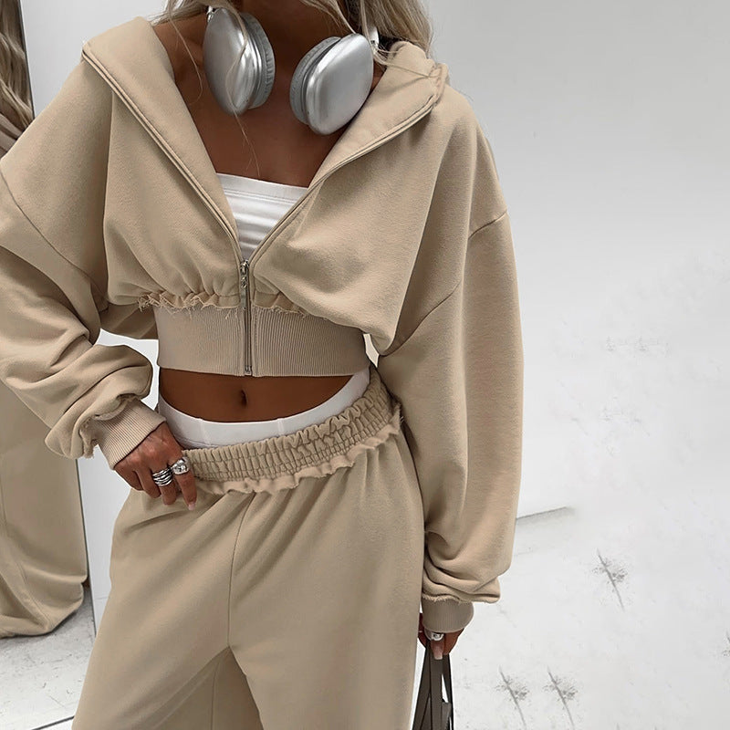 Langry beige cropped hoodie in high-waist wide-leg fashion trousers suit