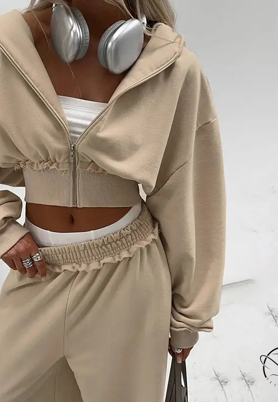 Langry beige cropped fashion hoodie with ribbed waistband and zipper front