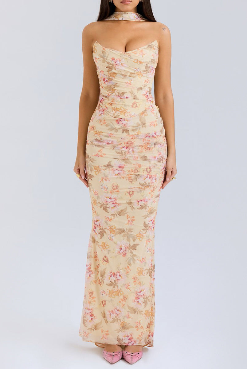 Floral-patterned strapless maxi dress with choker for langry fashion and ملابس style