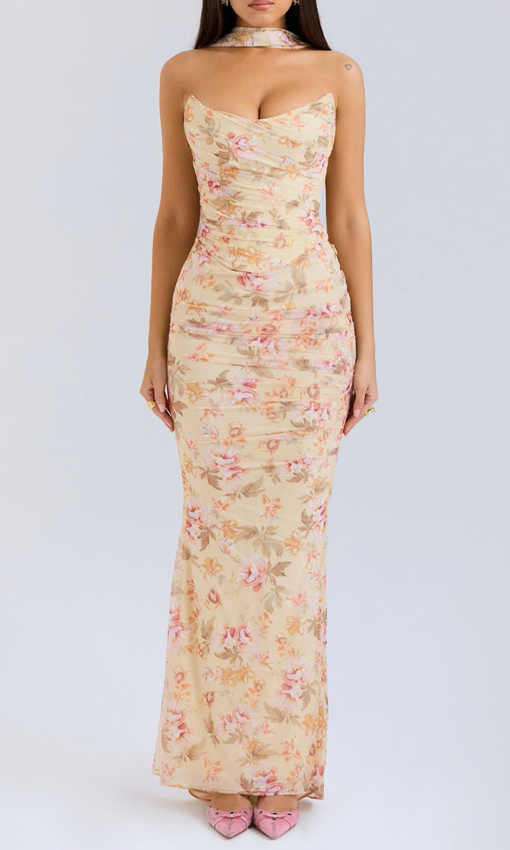 Floral-patterned strapless maxi dress with choker for langry fashion and ملابس style