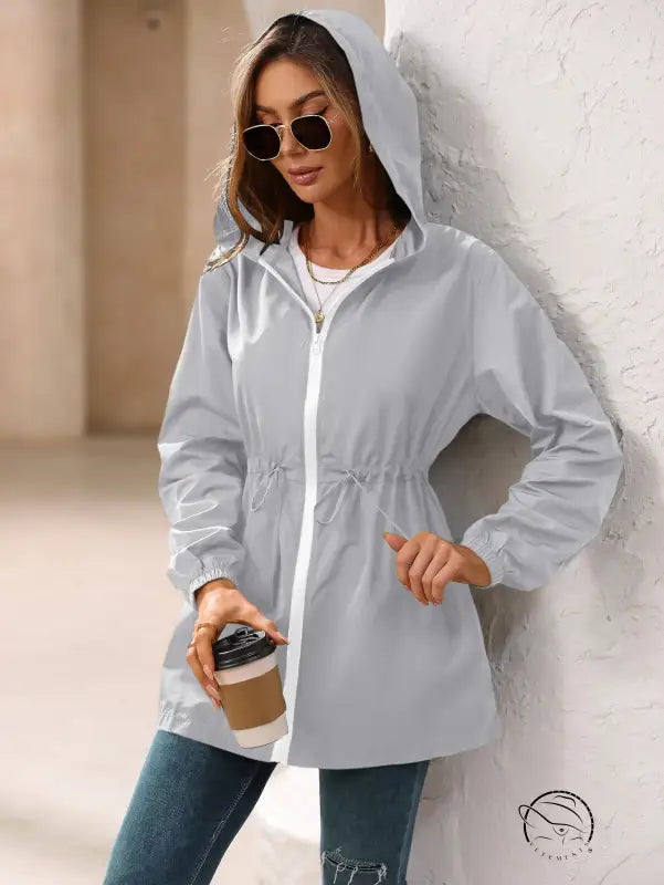 Gray hooded drawstring outdoor raincoat for women