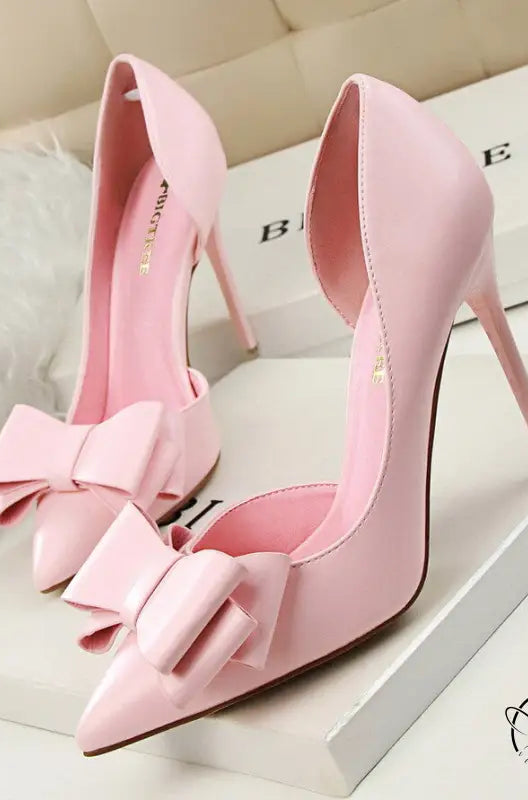 Pink langry fashion stiletto heels with sweet bowknot toes