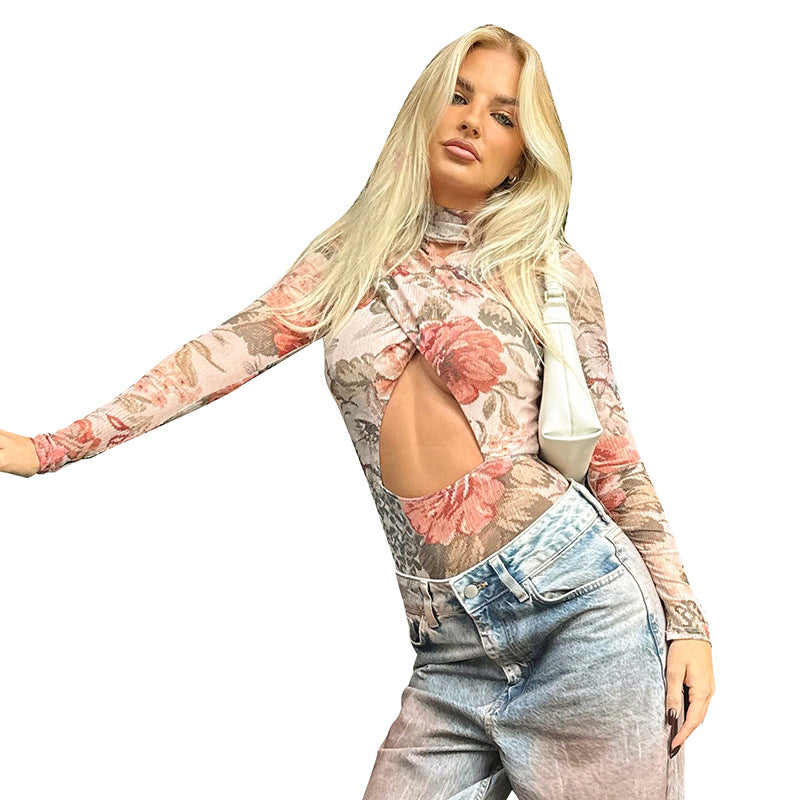 Elegant floral print cutout bodysuit from the Floral Tight Hollow Out Cutout Corset collection, perfect for fashion enthusiasts