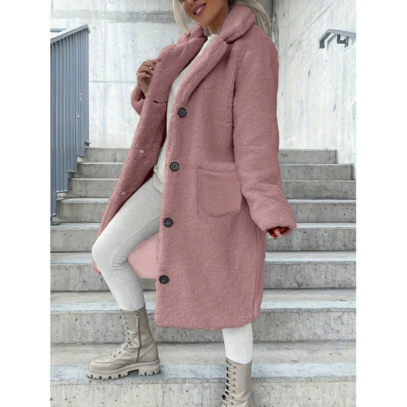 Pink faux fur coat from Fur Collared Plush Long Coat collection showcasing stylish fashion and ملابس
