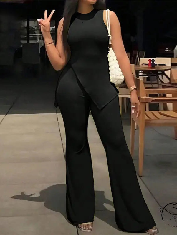 Summer Sleeveless Top Wide Leg Casual Pants Two Piece Set