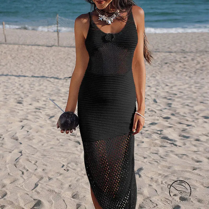 Stunning beach cover up maxi dress in black crochet with sheer knit skirt