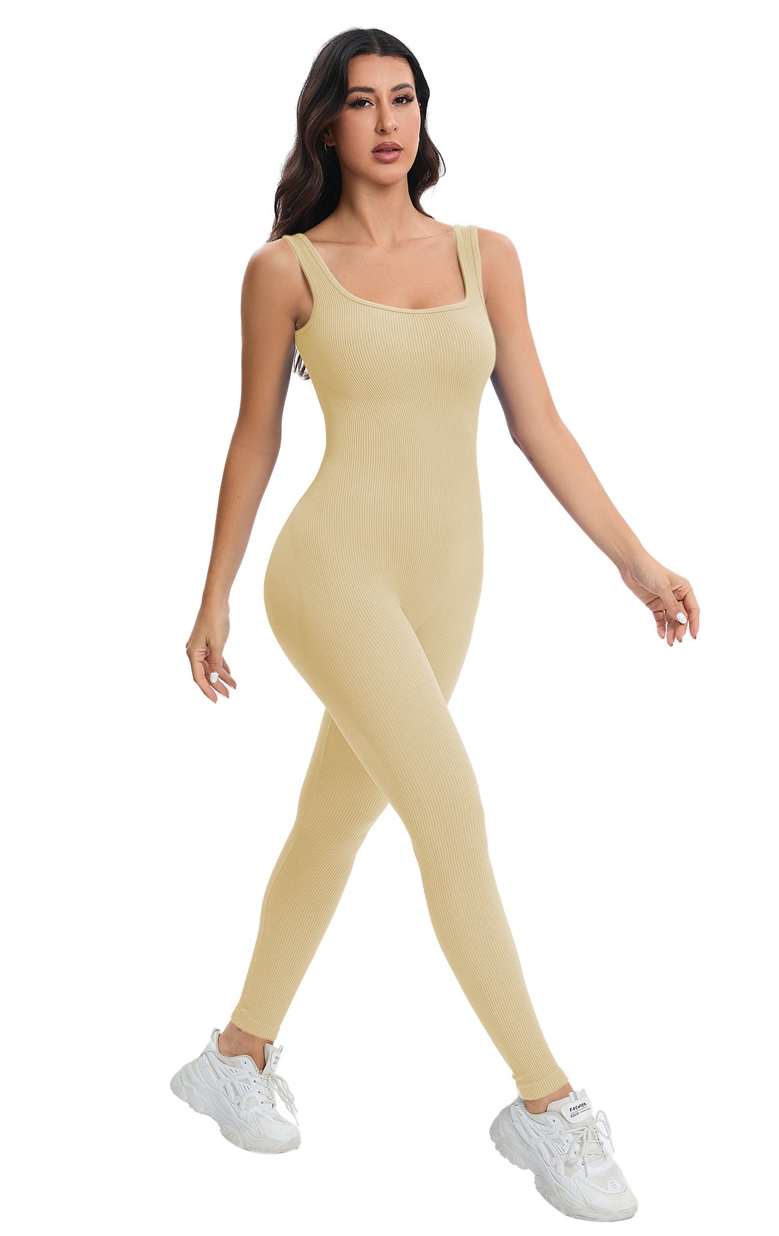 Breathable seamless langry beige ribbed bodysuit in peach slim fit fashion
