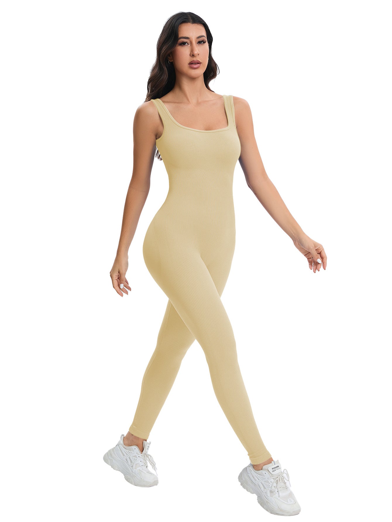 Breathable seamless langry beige ribbed bodysuit in peach slim fit fashion