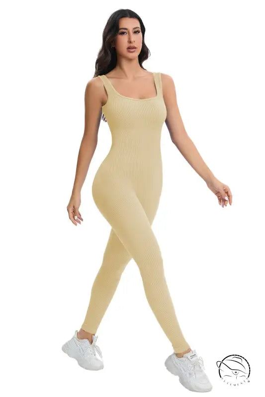 Langry breathable seamless peach hip slim fit bodysuit in beige ribbed fabric with thin straps and square neckline
