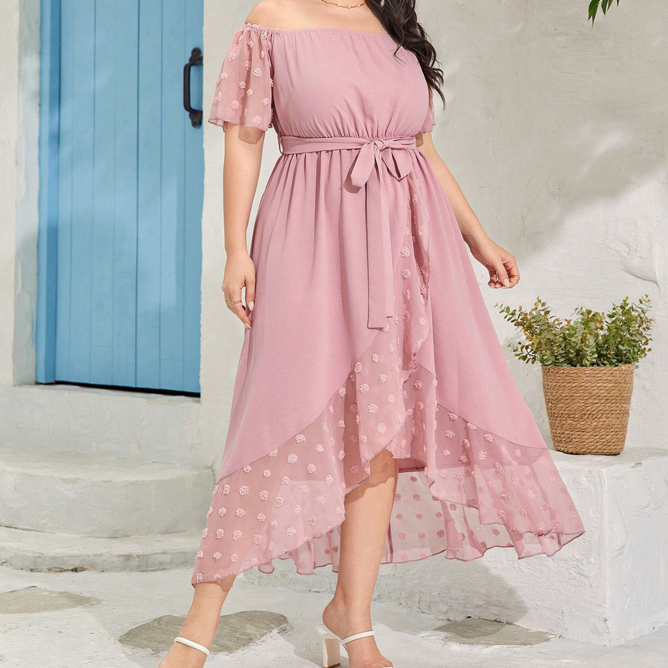 Beautiful off Shoulder Dress in dusty rose with flutter sleeves, tie waist, and embroidery