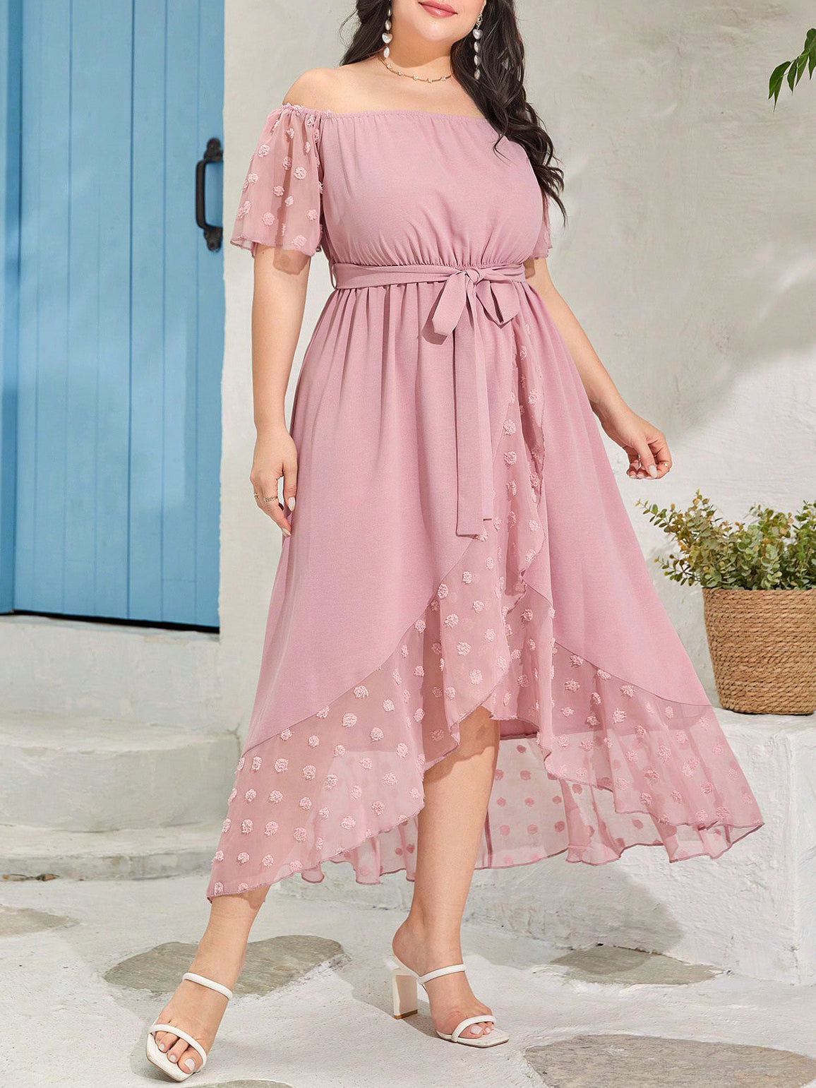 Beautiful off Shoulder Dress in dusty rose with flutter sleeves, tie waist, and embroidery